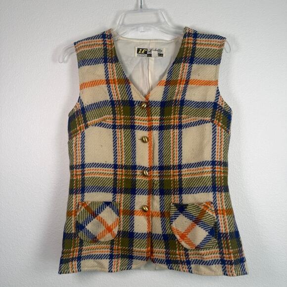 Vintage Loubella 19760s 1970s Vest Skirt Set Wool Plaid Golden Buttons XS Orange - Picture 2 of 11